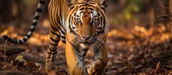 A tigress approaches a photographer in Pench tiger reserve Copy space image Place for adding text or design - obrazy, fototapety, plakaty