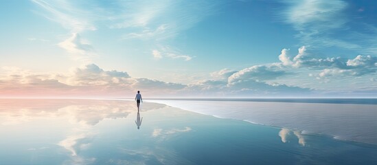 Abstract surreal path concept depicted with a man walking between two blue seas on a beach Copy space image Place for adding text or design