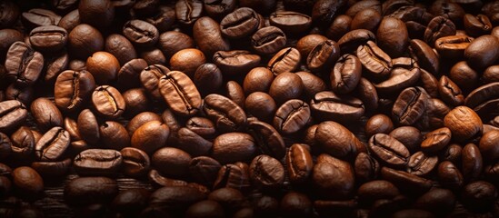 Obraz premium Close up background of roasted coffee beans Copy space image Place for adding text or design