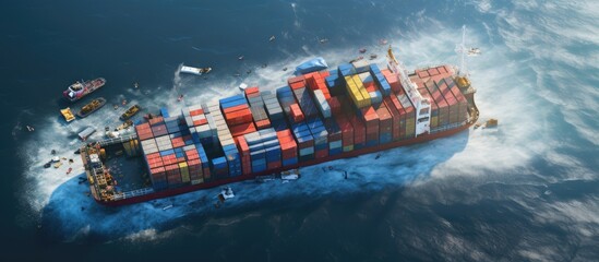 Blocked canal due to huge ship accident aerial view of stranded cargo ship with salvage crews highlighting safety and insurance Copy space image Place for adding text or design