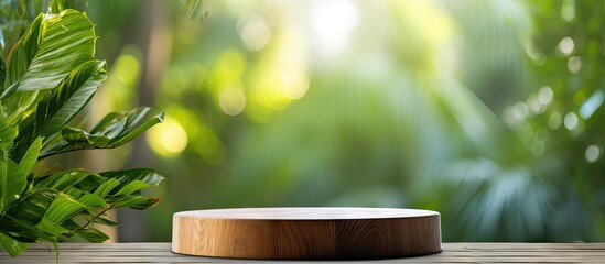 Blurry nature background outdoors with wooden tabletop and green leaf plants representing a natural product display in a tropical garden Copy space image Place for adding text or design - Powered by Adobe