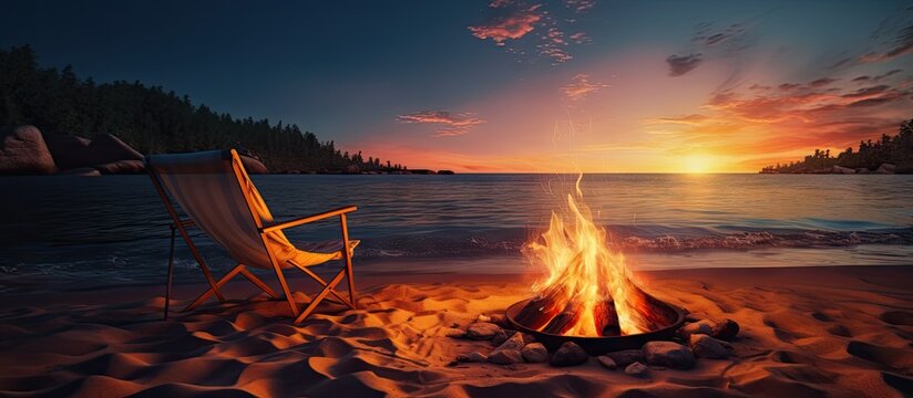 Beach campfire during my kayak camping Copy space image Place for adding text or design
