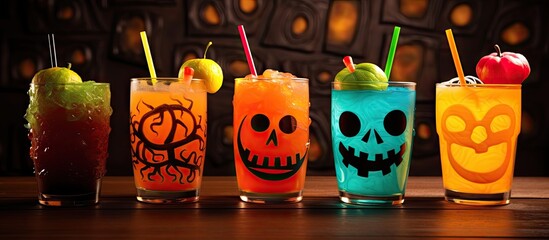 Adorable Halloween beverages for a children s gathering Copy space image Place for adding text or design
