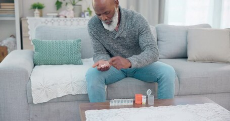Container, senior black man and organise pills tablet, health medication or pharmaceutical prescription. Home sofa, medical supplement drugs and African elderly person set daily healthcare medicine