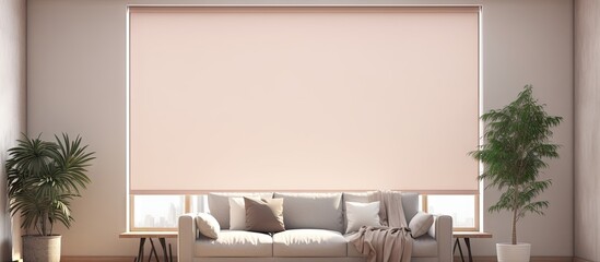 Automated blackout shades and electric curtains in a contemporary pastel colored interior with a...