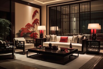 Contemporary Chinese interior design showcasing a modern oriental living room in the night