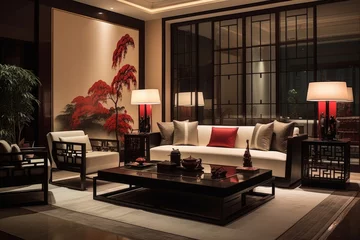 Zelfklevend Fotobehang Contemporary Chinese interior design showcasing a modern oriental living room in the night © Darya Lavinskaya
