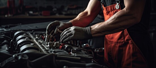 A mechanic fixes a car s valve system Copy space image Place for adding text or design - obrazy, fototapety, plakaty