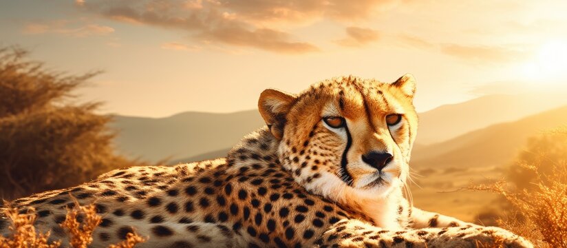 Cheetah resting in South Africa s morning light Copy space image Place for adding text or design