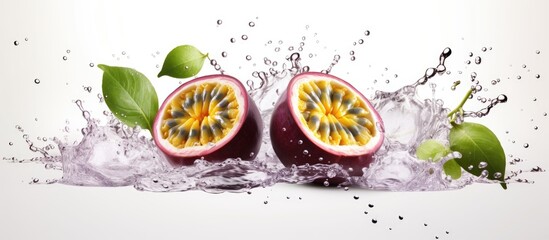 Airborne passion fruit passiflora whole and sliced on white background Copy space image Place for adding text or design