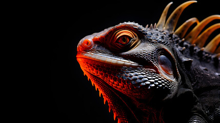 Fototapeta premium Close-up of Iguana with Vivid Orange and Red Scales on Black Background
