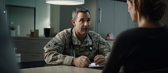 Army doctor advising patient during consult cropped shot Copy space image Place for adding text or design - obrazy, fototapety, plakaty