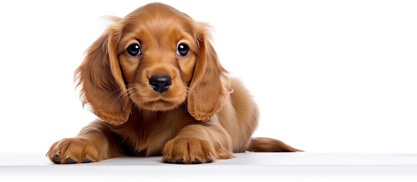 Cocker Spaniel puppy posing in studio white backdrop Copy space image Place for adding text or design