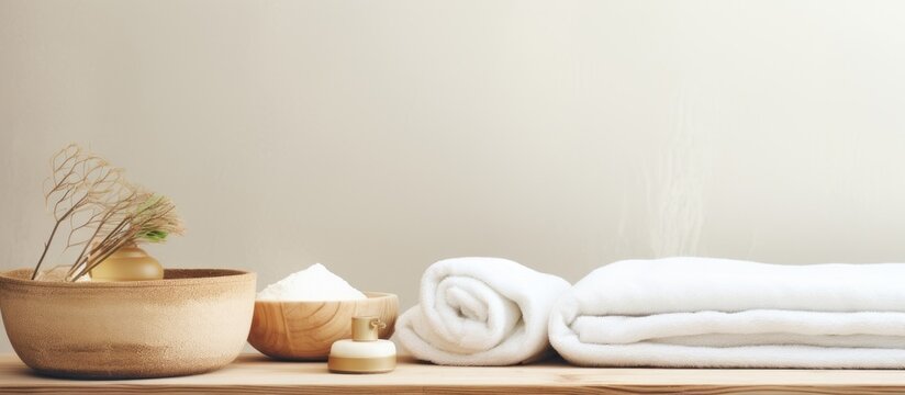 Clean and fresh rolled towels in a wooden bowl on a bench near a soft nail brush in a bathroom or spa salon with beauty elements on a table against a white wall Copy space image Place for addin