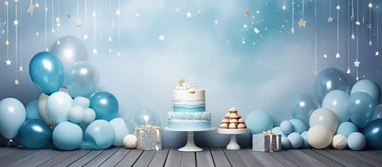 Fotobehang Celebrity themed birthday party with gourmet cafe for a one year old Decorated with a stunning blue cake meringues and a balloon Copy space image Place for adding text or design © Ilgun