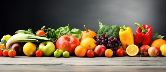 Assorted fresh organic fruits and vegetables create a balanced diet background Copy space image Place for adding text or design