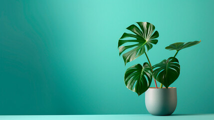 Monstera plant in a white vase on a turquoise background