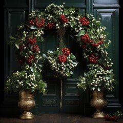 wreath of mistletoe archway on a front door, generative ai 
