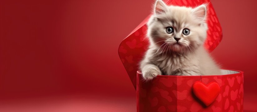Adorable Scottish straight golden shaded chinchilla kitten in heart shaped box resembling a gift representing love and Valentine s Day Copy space image Place for adding text or design