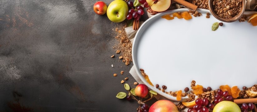 Autumn or winter granola breakfast with homemade yogurt and caramel apples pumpkin cinnamon and nuts Top view on a stone table Empty area Copy space image Place for adding text or design
