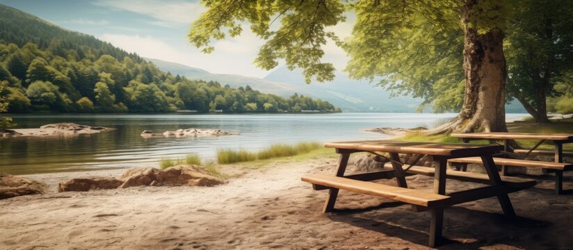 Beachside picnic area in Loch Lomond Scotland UK Copy space image Place for adding text or design