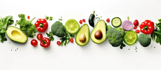 Tuinposter Avocado lime broccoli green pepper cucumber chilli pepper and zucchini arranged creatively in a flat lay depicting a food concept Green vegetables depicted on a white background Copy space imag © Ilgun