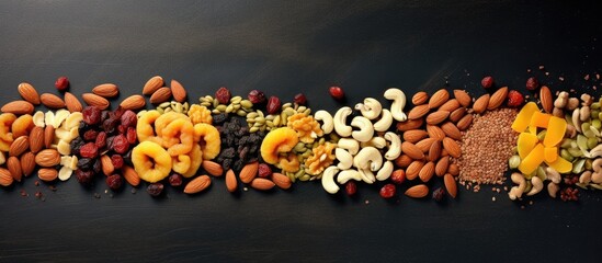 Assorted dried fruits and nuts cashews hazelnuts peanuts apricots viburnum raisins Copy space image Place for adding text or design - obrazy, fototapety, plakaty