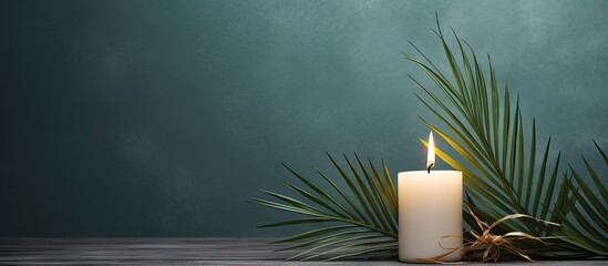 Catholic symbolism of Ash Wednesday Lent and Holy Week with cross palm leaf and candle Copy space...