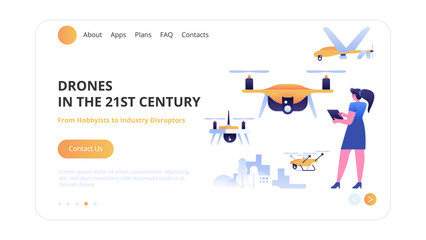 Obraz na płótnie Canvas High technology concept. Drones in the 21st Century: From Hobbyists to Industry Disruptors. Vector illustration for websites, landing pages, mobile applications, posters and banners.