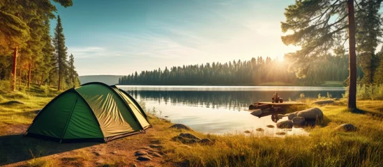 Fototapeten Camping under pine trees near a sunny lake in the morning Copy space image Place for adding text or design © Ilgun