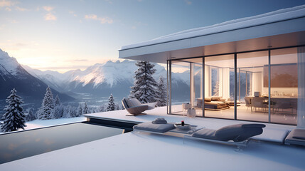 winter landscape with a house,Modern House with a Stunning Pool,AI Generative 