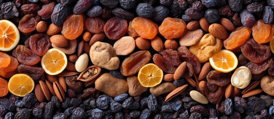 Assorted dried fruits and nuts displayed on a backdrop Copy space image Place for adding text or design - Powered by Adobe