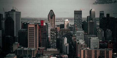 Aerial view of Montreal skyline shot in monochrome colors in Canada