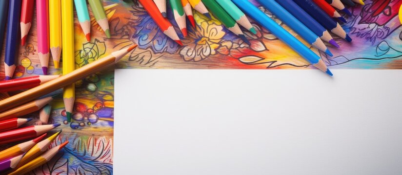 Artistic creation sketchbook colored pencils and sharpener Copy space image Place for adding text or design