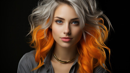 Fashionable bicolor grey orange hairstyle. Young short hair woman close up portrait. - obrazy, fototapety, plakaty