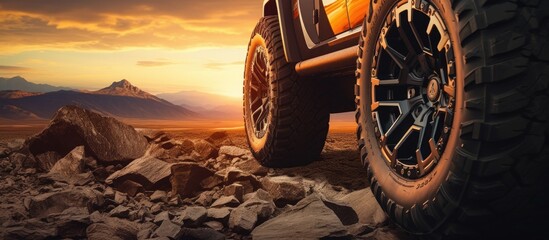 Close up photo of a large offroad wheel with a 4x4 car set against a sunset and mountains representing the travel concept Copy space image Place for adding text or design - obrazy, fototapety, plakaty