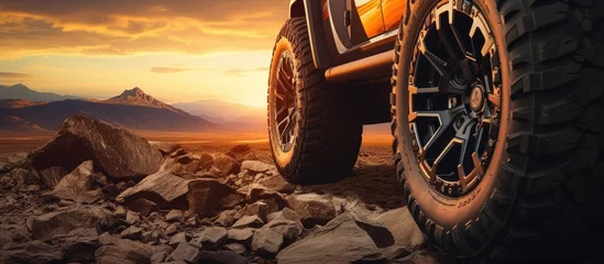 Foto op Plexiglas Close up photo of a large offroad wheel with a 4x4 car set against a sunset and mountains representing the travel concept Copy space image Place for adding text or design © Ilgun