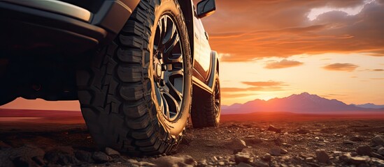 Close up photo of a large offroad wheel with a 4x4 car set against a sunset and mountains...
