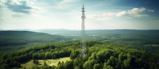 Bird s eye view of cellphone tower in rural West Virginia forest to show absence of broadband internet Copy space image Place for adding text or design - obrazy, fototapety, plakaty