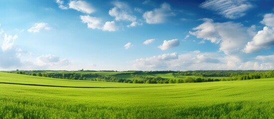 Beautiful countryside in Ukraine Europe Summertime nature photo of lush green pastures and clear blue sky Explore Earth s beauty Copy space image Place for adding text or design - obrazy, fototapety, plakaty