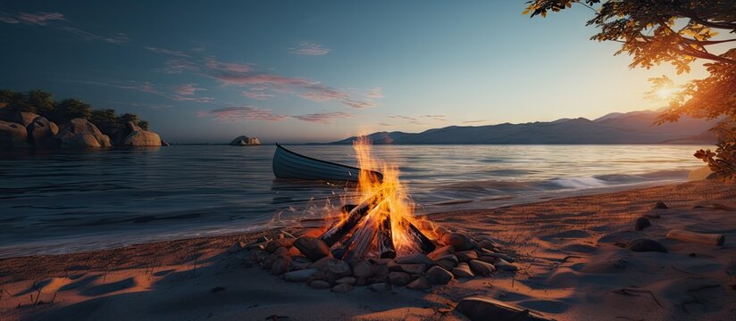 Beach campfire during my kayak camping Copy space image Place for adding text or design