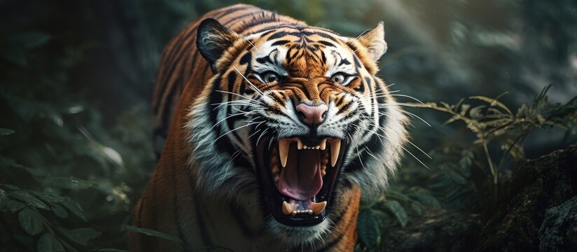 Angry wild tiger in the forest bares its teeth Copy space image Place for adding text or design