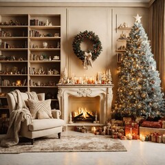 Boho Christmas fireplace white room with Christmas presents, Christmas tree, bookshelf