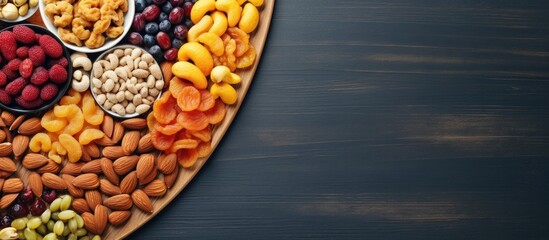 Assorted dried fruits and nuts cashews hazelnuts peanuts apricots viburnum raisins Copy space image Place for adding text or design - obrazy, fototapety, plakaty