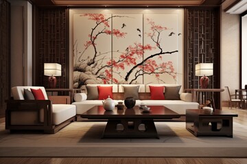 Contemporary Chinese interior design showcasing a modern oriental living room