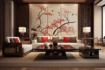 Sierkussen Contemporary Chinese interior design showcasing a modern oriental living room © Darya Lavinskaya