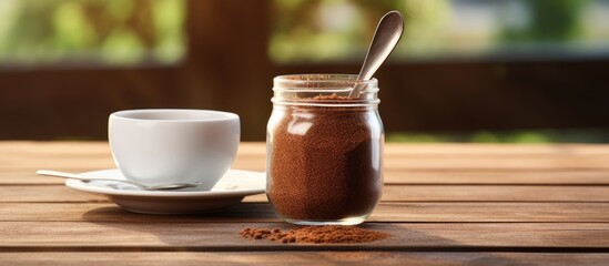 Close up of a spoon with instant coffee above the jar and an empty cup on the table Copy space image Place for adding text or design