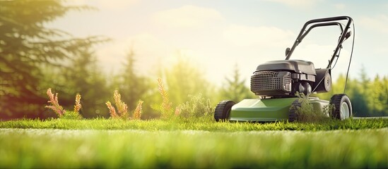 A4 size flyer template for lawn care services with grass and gardening equipment design Copy space image Place for adding text or design