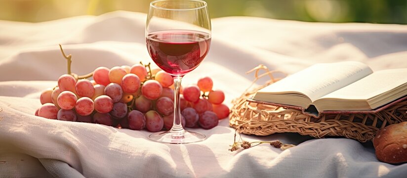 Closeup of book grapes bread and rose wine on white picnic blanket Copy space image Place for adding text or design