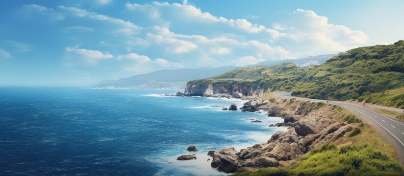 Coastline and road with sandy beach and clear sea Copy space image Place for adding text or design